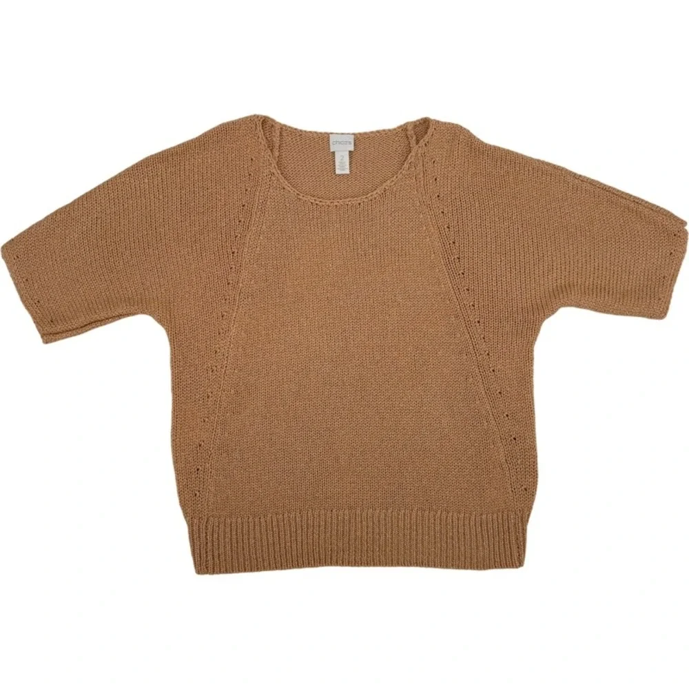 CHICOS Size Large Short Sleeve Sweater Peach Metallic Knit Pointelle Easter Wear
